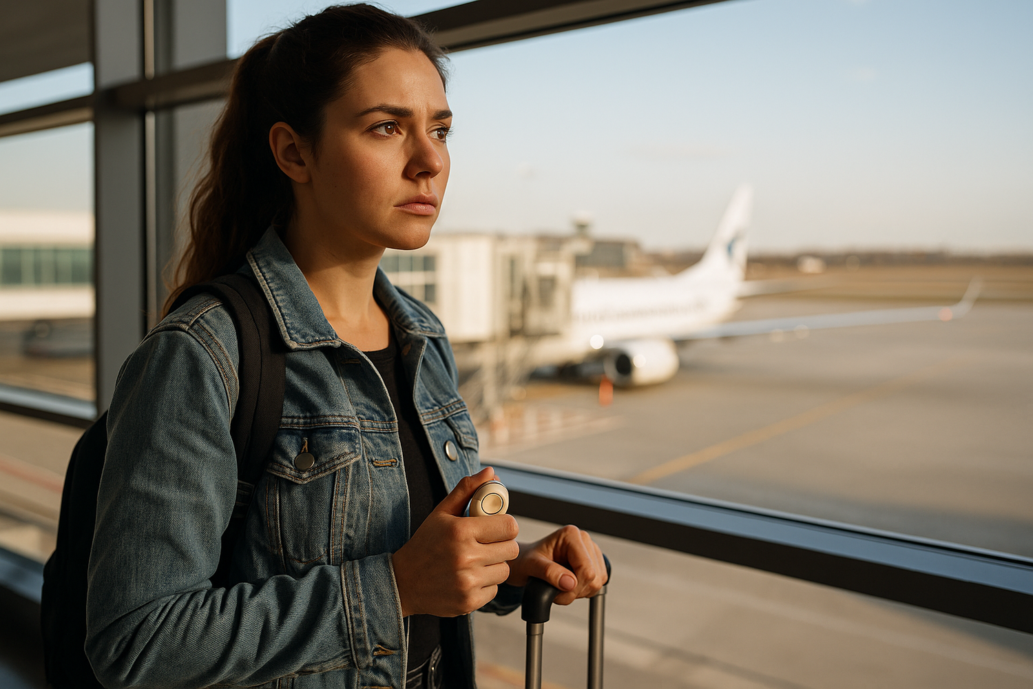 Realistic photo of a woman traveling alone at an airport terminal, holding her luggage and walking confidently toward the departure gates, representing women’s safety while traveling internationally.