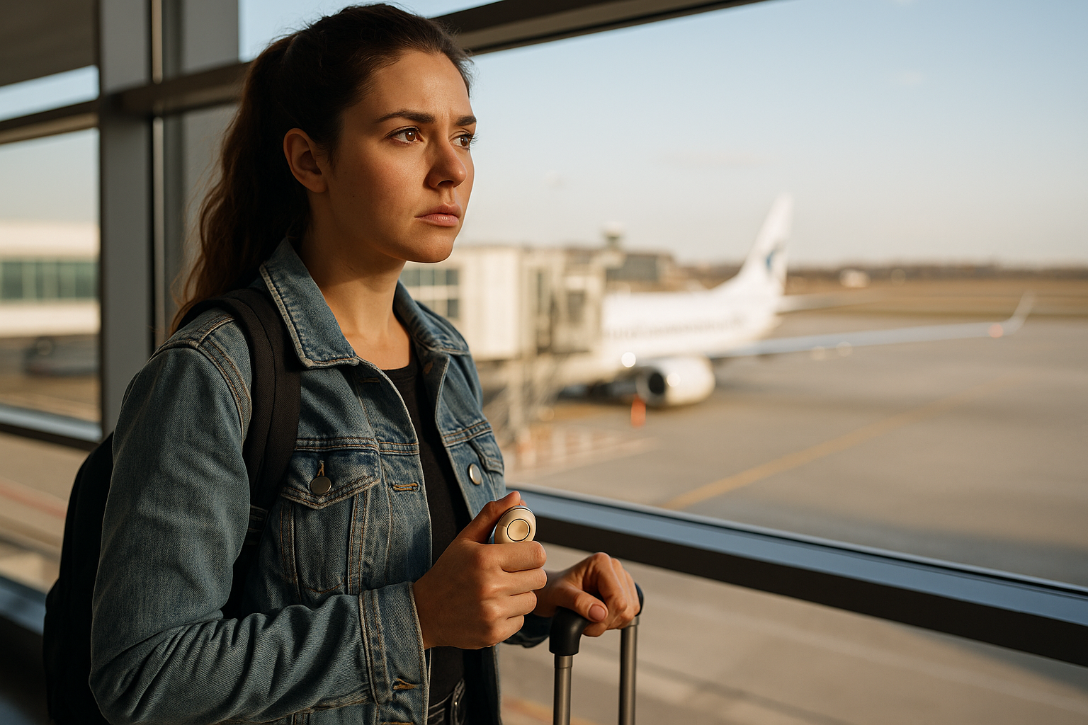 Realistic photo of a woman traveling alone at an airport terminal, holding her luggage and walking confidently toward the departure gates, representing women’s safety while traveling internationally.