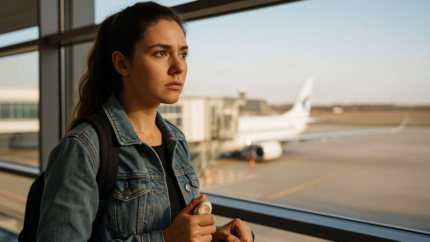 Realistic photo of a woman traveling alone at an airport terminal, holding her luggage and walking confidently toward the departure gates, representing women’s safety while traveling internationally.
