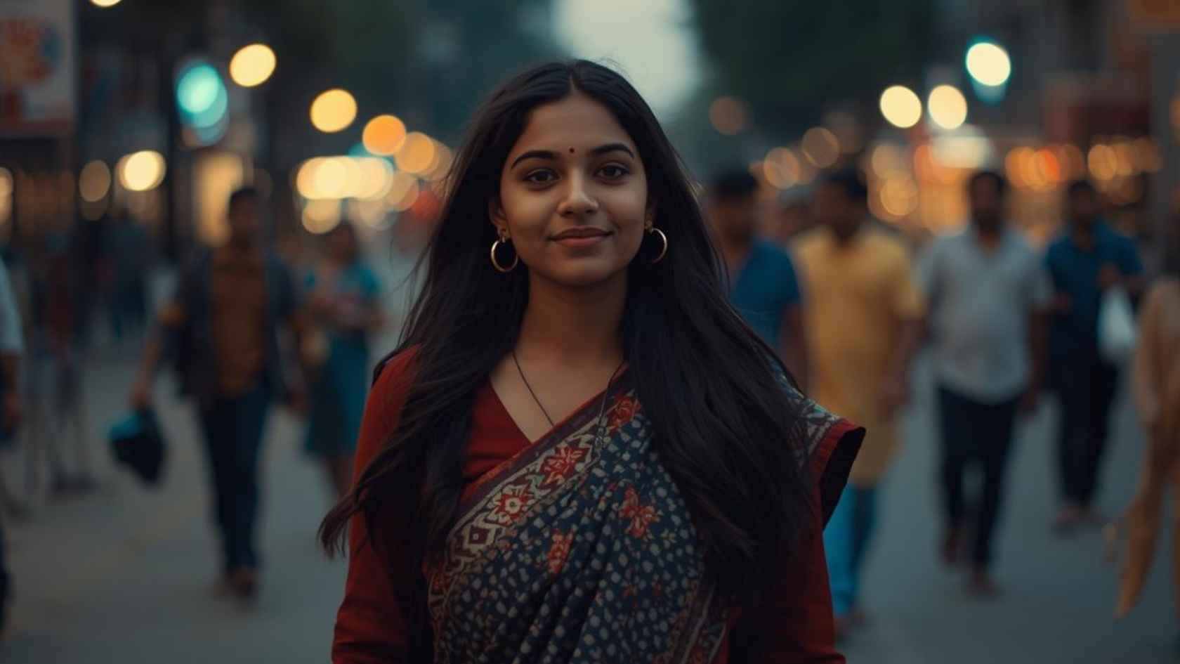 Confident woman walking safely in crowded public area
