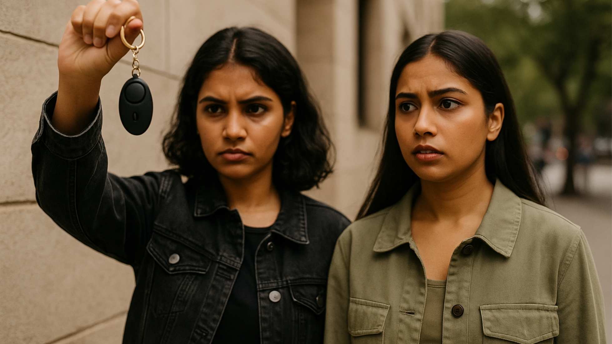 Two women looking at a personal safety alarm keychain