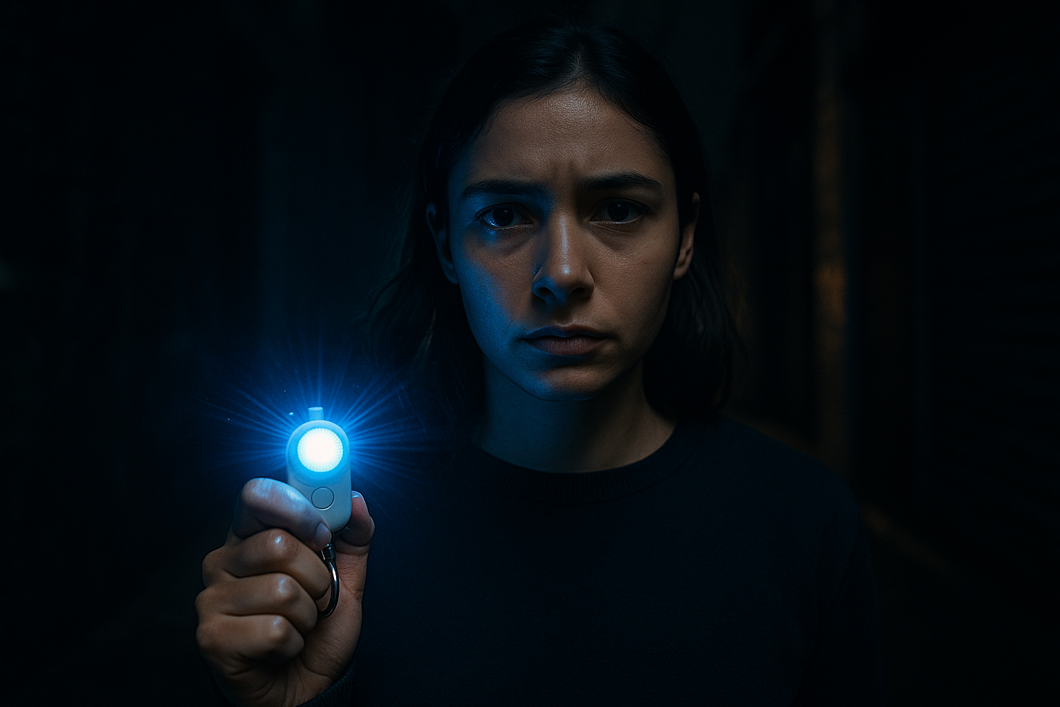 Illustration showing a woman freezing in a threatening situation with a glowing safety alarm in her hand, symbolizing how personal alarms help break the freeze response.