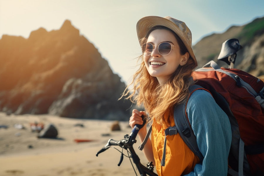 Solo traveler holding a rechargeable personal safety alarm on a bag strap