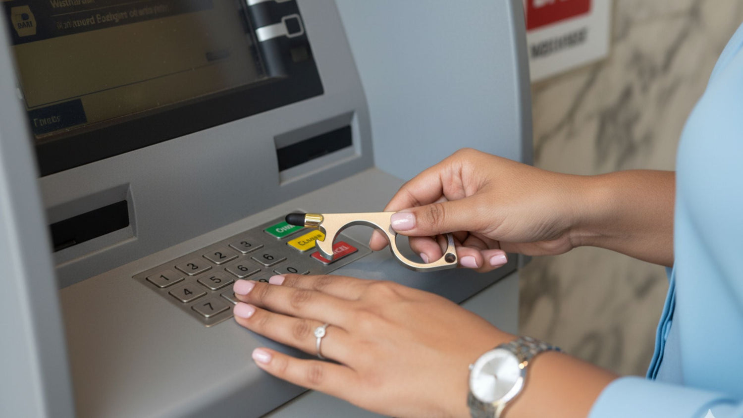 A compact no-touch keychain tool with a stylus tip, designed by Boombird for hygiene and safety.