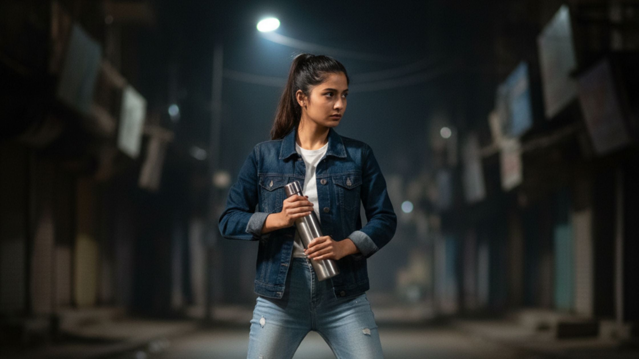 Young woman standing on a dimly lit urban street at night, holding a stainless steel water bottle in a defensive stance, symbolizing how everyday items can double as self-defense tools.