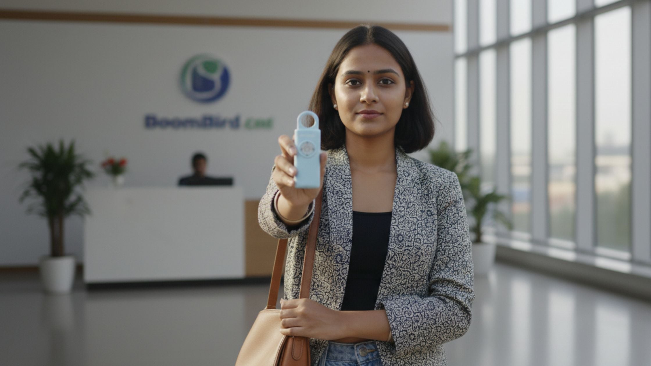 Woman holding BoomBird Echo personal safety alarm outside an office building