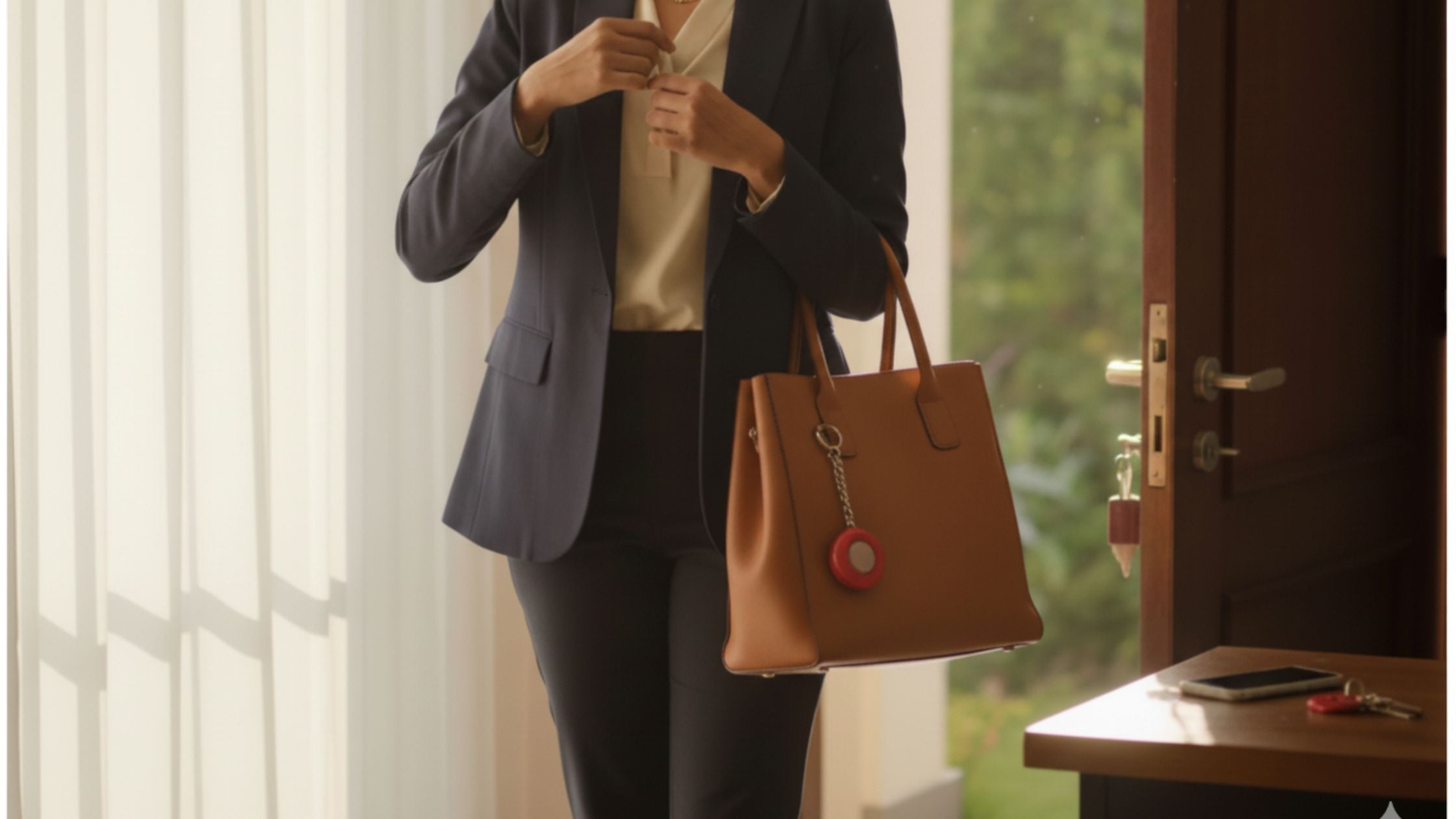 A woman preparing to leave home with her bag, smartphone, and keychain safety alarm placed on the table as part of her daily safety routine.