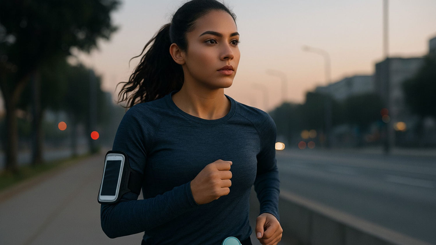 A woman jogging alone at dawn, wearing a fitness armband and carrying a small BoomBird safety alarm clipped to her waistband, symbolizing confidence and safety.