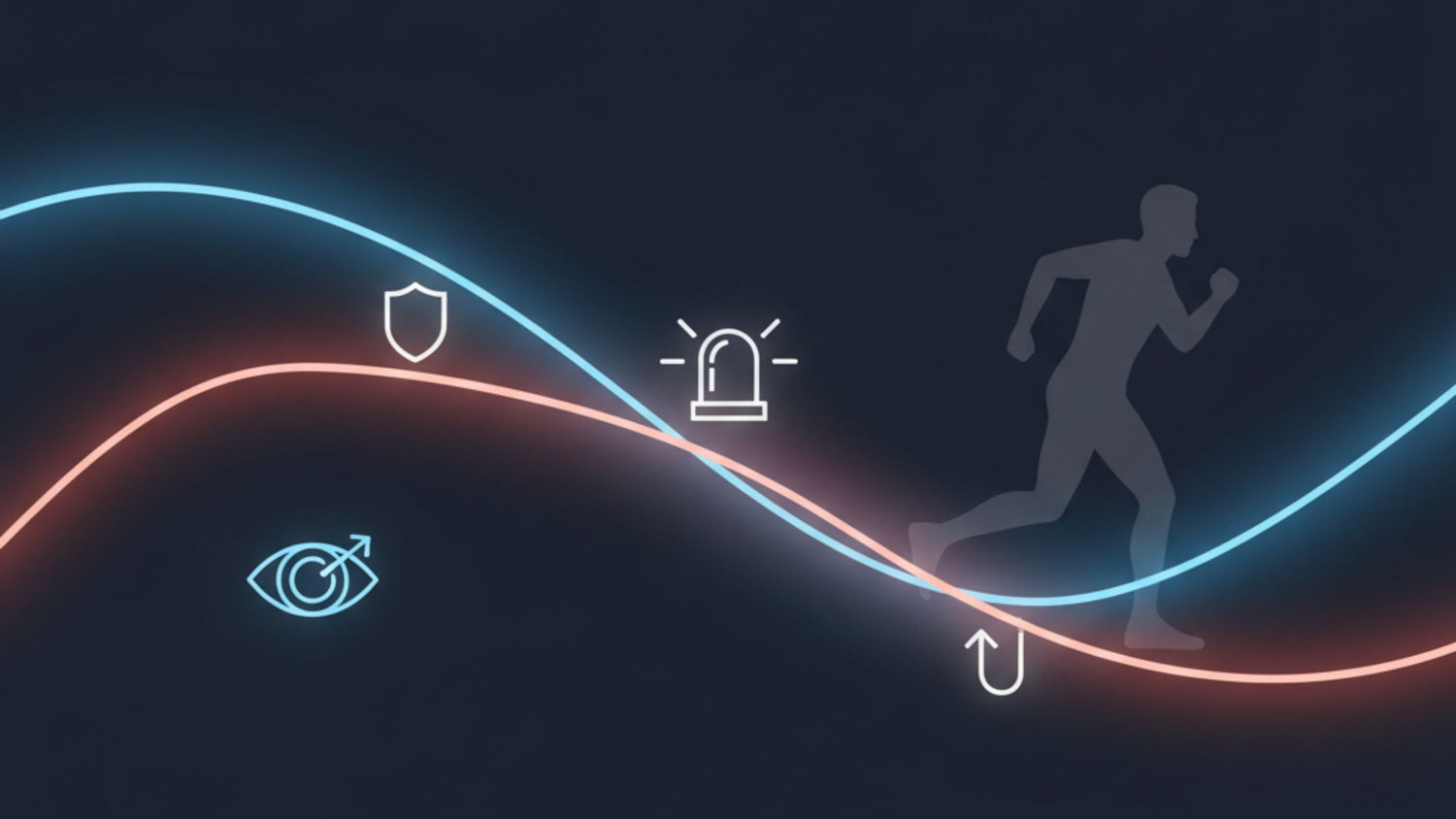 Silhouette of a runner with glowing safety icons — eye, shield, alarm, and arrow — over a dark background, representing personal safety and the freeze response in emergencies.