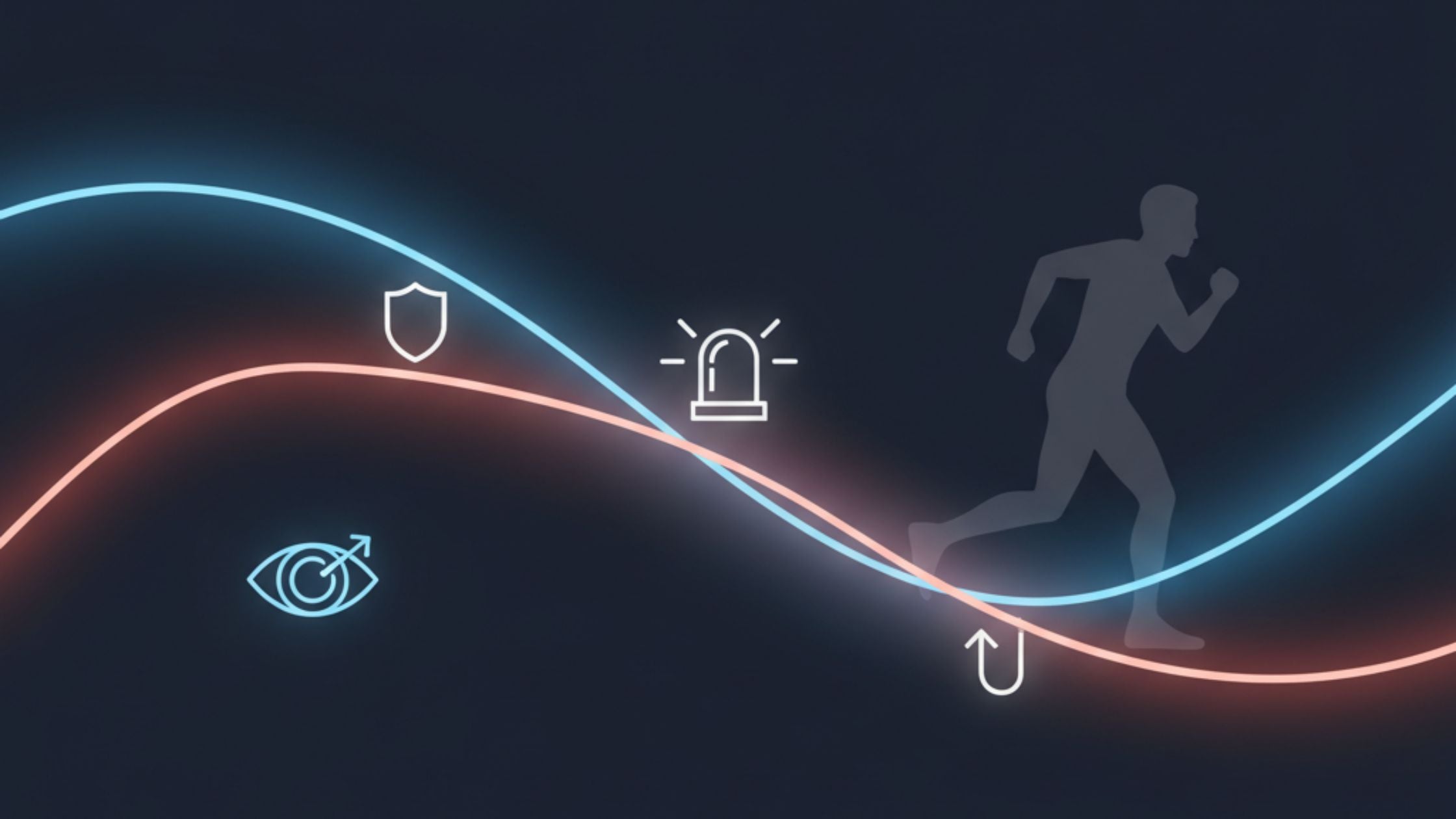 Silhouette of a runner with glowing safety icons — eye, shield, alarm, and arrow — over a dark background, representing personal safety and the freeze response in emergencies.