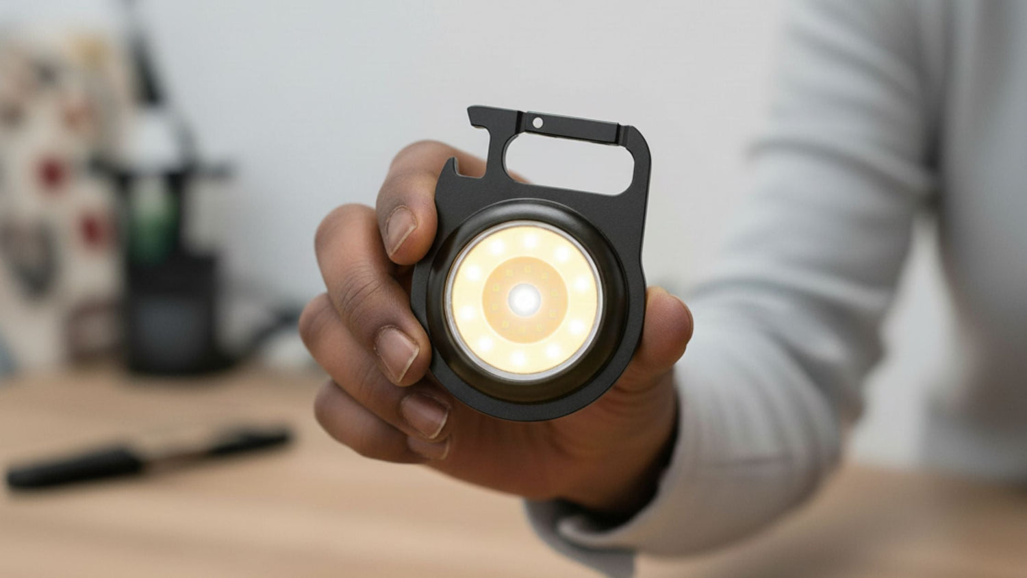 A compact rechargeable flashlight with multiple lighting modes, a 180-degree kickstand, and magnetic base designed for safety and emergencies.